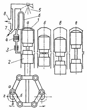 Схема двигателя Стирлинга с регенератором и ромбическим кривошипно-шатунным механизмом