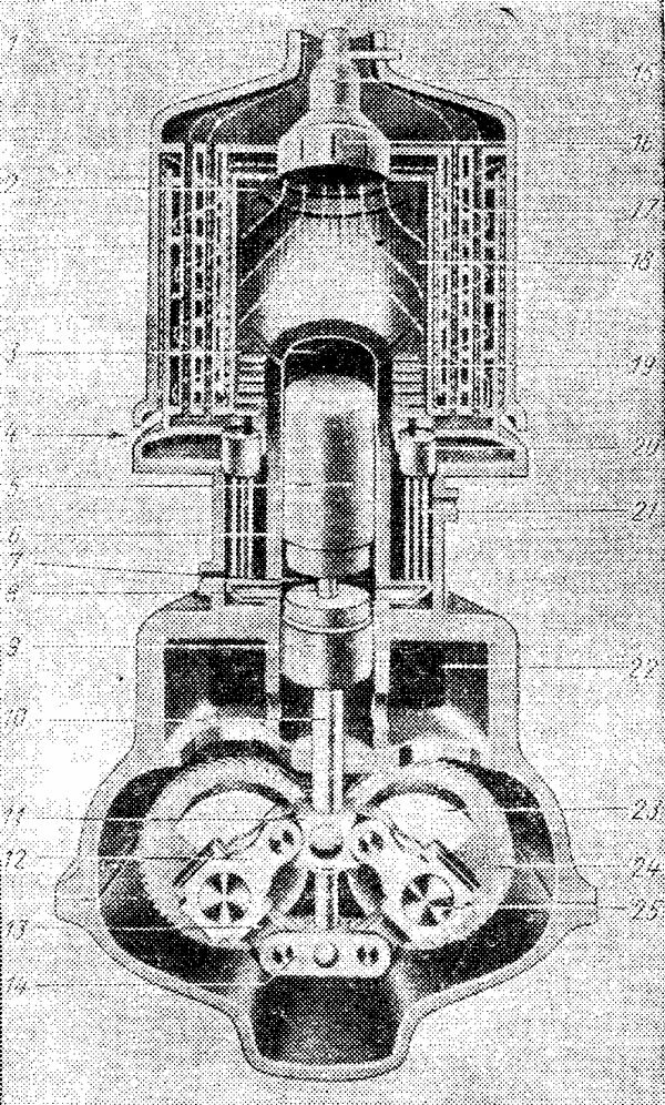 Схематический разрез одноцилиндрового двигателя Стерлинга