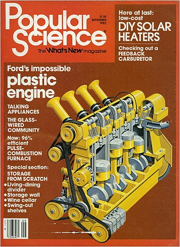 Пластиковый двигатель на обложке журнала «Popular Science» за 1982 год